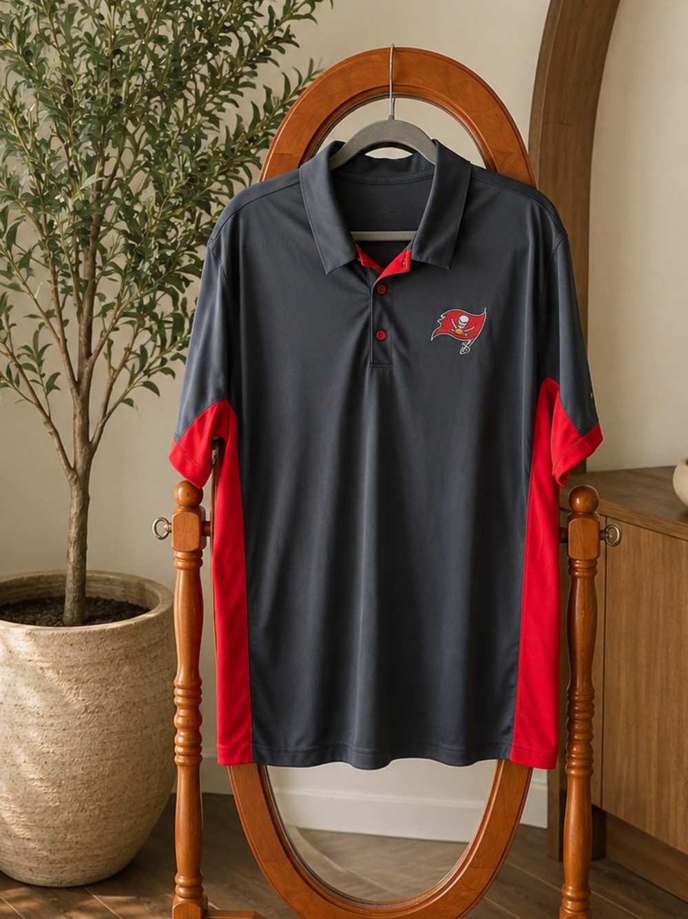Nike Team Apparel Dri-Fit Gray and Red Tampa Bay Buccaneer’s Football Polo Shirt